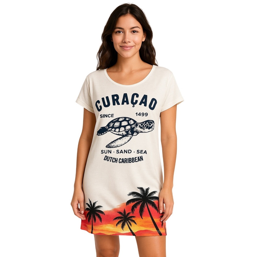 Vivid Sportswear T Shirt‎ Dress Size M White Curacao Turtle Palm Sunset Beach